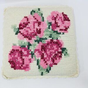 Vintage Crochet Flower Pillow 15" Square Scalloped Edge Floral Cross Stitch OOAK